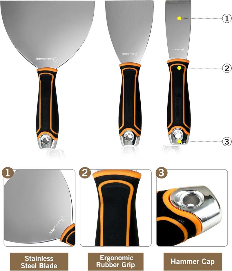 Rolling Dog 5 PC Drywall Repair Knife Set - Include Putty Knife Needed for Drywall Work (1.5" Stiff Blade Scraper, 1.5" Pry Bar, 14-1 Mutil Painter's tool,3" and 6" Flexible Putty Knife) - Image 3